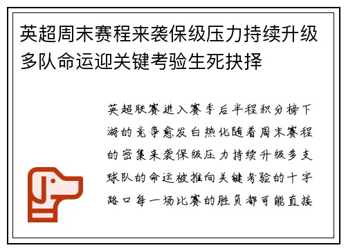 英超周末赛程来袭保级压力持续升级多队命运迎关键考验生死抉择 英超周末赛程来袭保级压力持续升级多队命运迎关键考验生死抉择